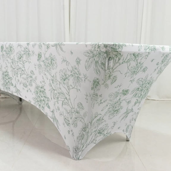 8 ft White Dusty Sage Fitted Spandex Rectangular Tablecloth with French Toile Pattern