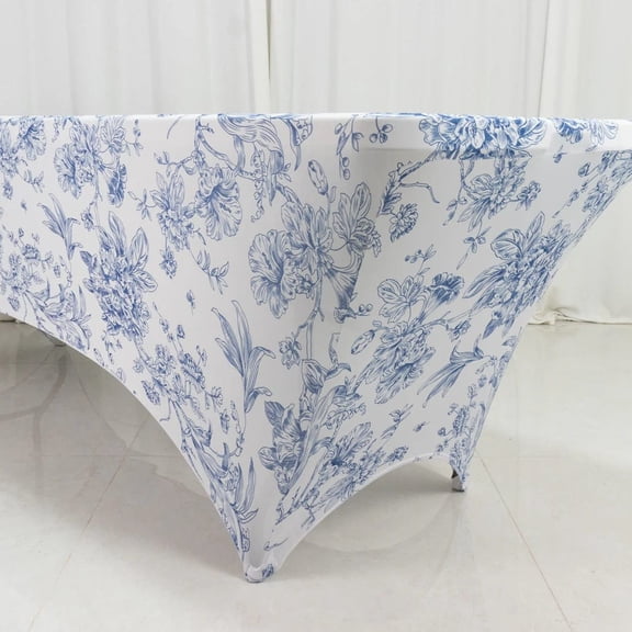 8 ft White with Blue Fitted Spandex Rectangular Tablecloth with French Toile Pattern
