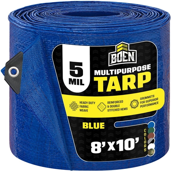 BOEN Multi-Purpose Poly Tarp, 8 ft x 10 ft, 5 Mil Thick, Blue
