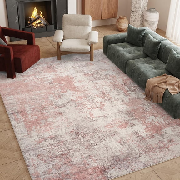 8 Foot by 10 Foot Pink and Gray Washable Vintage-Print Area Rug