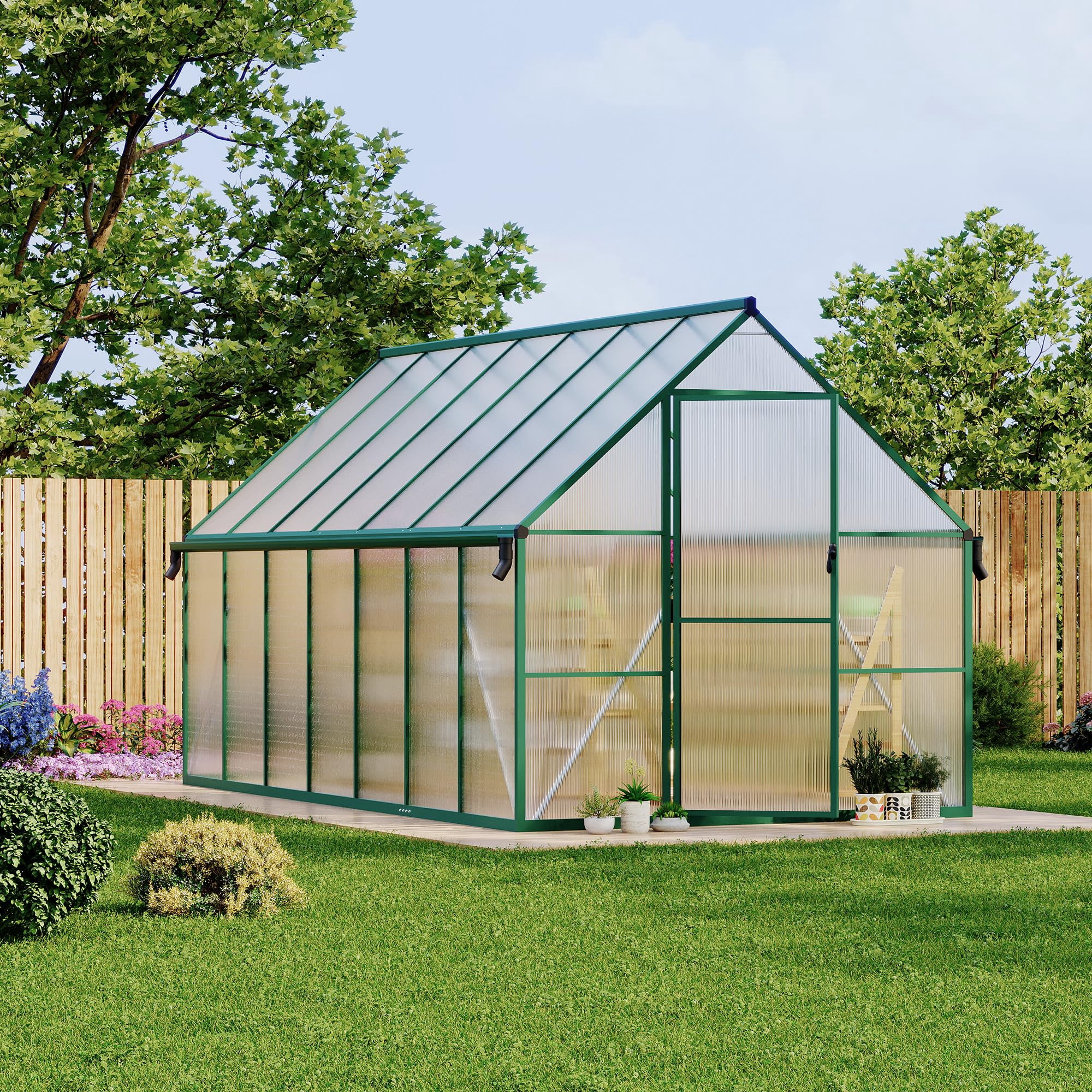 8 ft x 14 ft Aluminum PC Board Sun Room Outdoor Garden Greenhouse, Polycarbonate Board, Aluminum Frame, Weather Resistant Sunroom Enclosure, Green