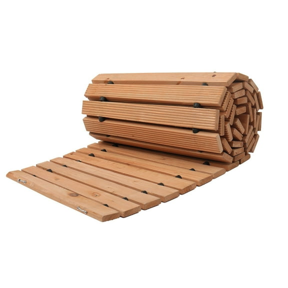 8 ft x 17 in Non Slip Curved Wooden Garden Pathway Roll Out Cedar Outdoor Walkway with Wire Rope Connection Decorative Lawn Paver for Backyard Boardwalk Wedding Party
