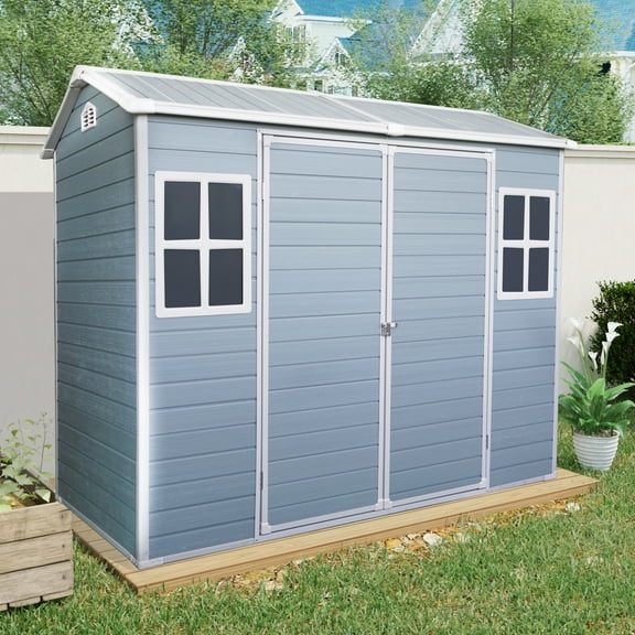 8 ft x 4 ft Outdoor Storage Shed with Two-Window and Double-Door, Plastic Shed with Floor for Gargen,Patio,Yard,Lawn,gray
