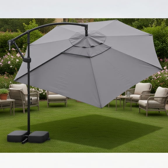 8 ft x 8 ft Solar-Powered LED Offset Cantilever Patio Umbrella,360 Rotating Gray Polyester Canopy with Weighted Base &