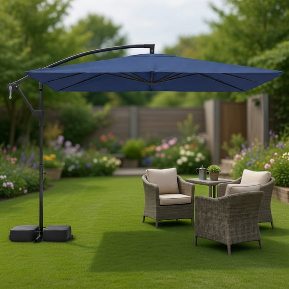 8 ft x 8 ft Solar-Powered LED Offset Cantilever Patio Umbrella,360 Rotating Navy Polyester Canopy with Weighted Base &