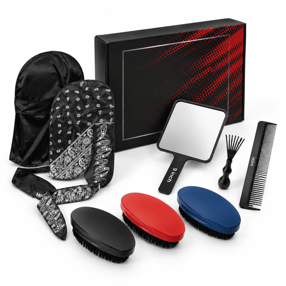 8-in-1 360 Wave Kit for Men, 3 Brushes (Soft, Medium, Hard) with Durags, Comb, Mirror, Cleaner
