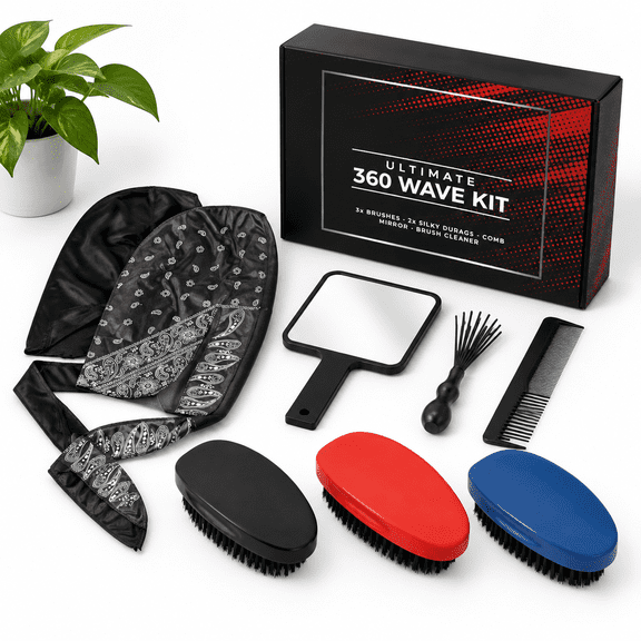 8-in-1 360 Wave Kit for Men, 3 Brushes (Soft, Medium, Hard) with Satin Durags, Comb, Mirror, and Brush Cleaner