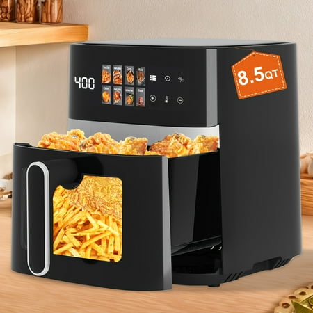 8-in-1 8.5 Quart Air Fryer Oven - 8 One-Touch Presets & Smart Cook Program, Stainless Steel Rack, Non-Stick Dishwasher-Safe Basket, Viewing Window + Interior Light, Healthy Kitchen Appliance