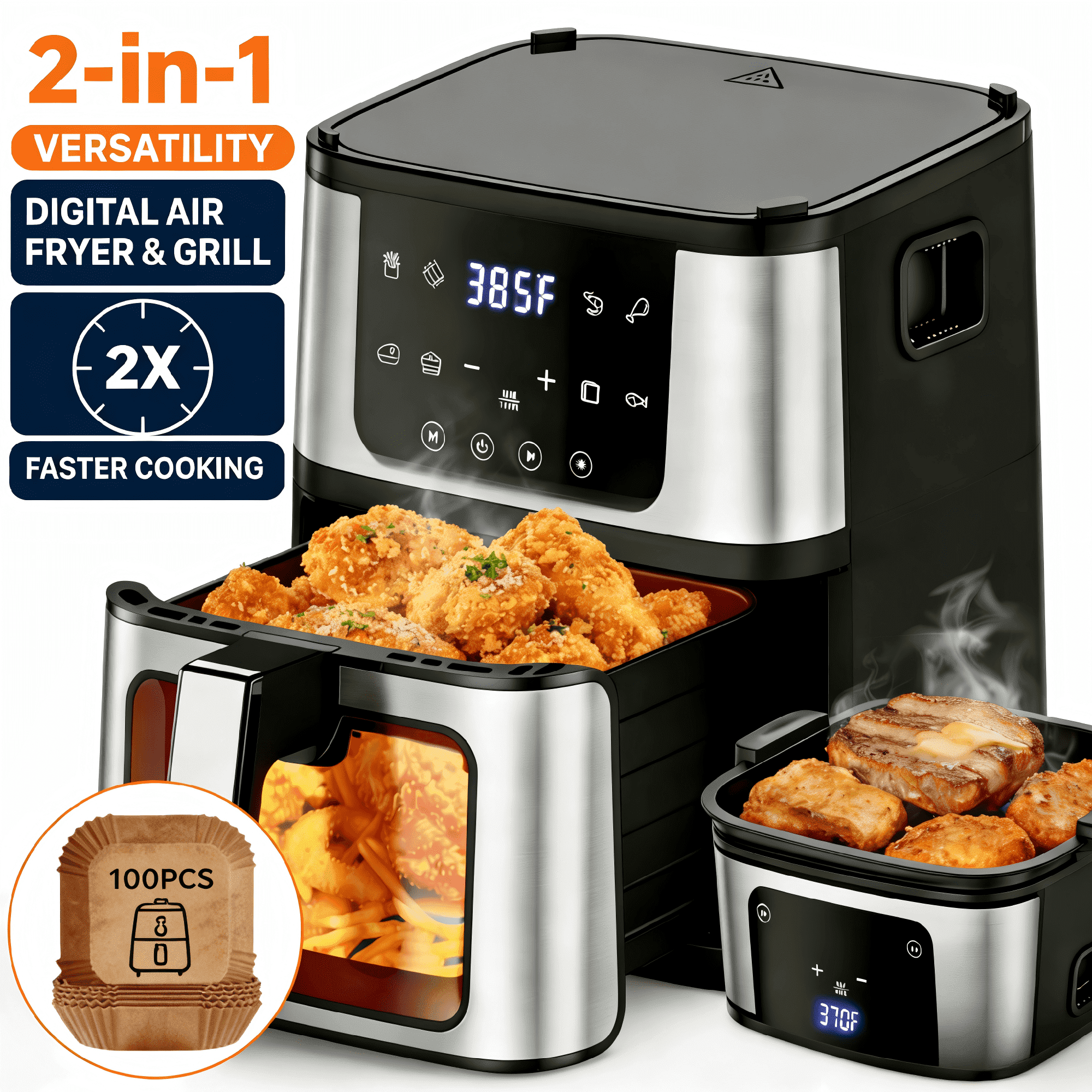 8-in-1 Air Fryer, Grill Plate/Air Fryer Mode,7.5Qt Air Fryers with Digital LED Touch Screen,8 Preset Cookings,95% Less Oil, 100Pcs Liner