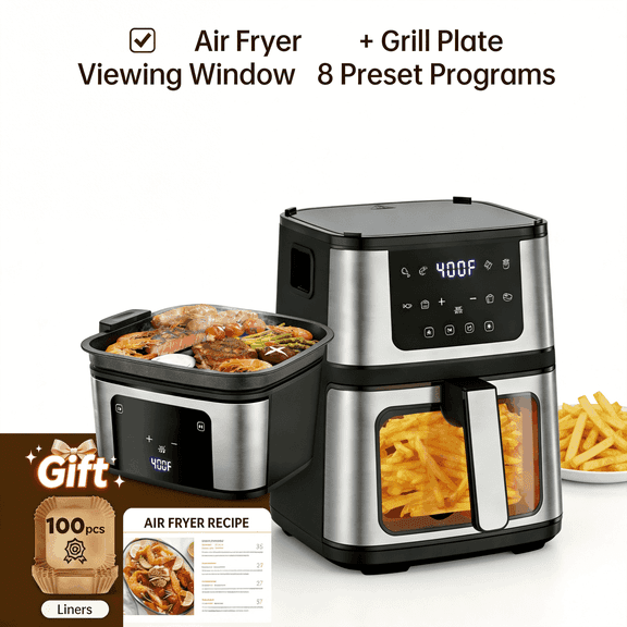 8-in-1 Air Fryer Oven with 100 Disposable Liners, 7.5QT Capacity, Digital Touch Panel & 8 Preset Menus for Easy Cooking