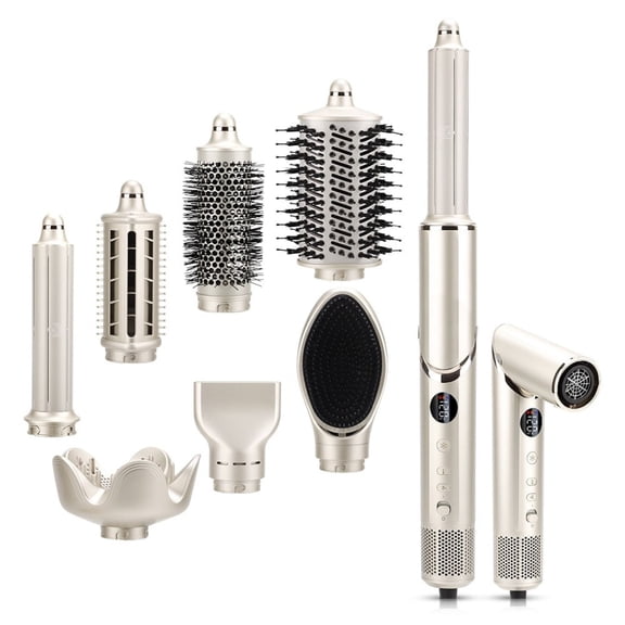 8-in-1 Air Styler Hair Tool Brushless 110000 RPM Ionic Blow Dryer with Auto Curler Straightener Diffuser 3 Heat Speed Settings LED Gold