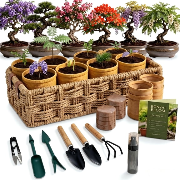 8-in-1 Bonsai Craft Kit Complete Tools & Woven Basket, Live Tree Starter Set for Indoor Decor, Ideal Gift for Plant Lovers & Gardeners