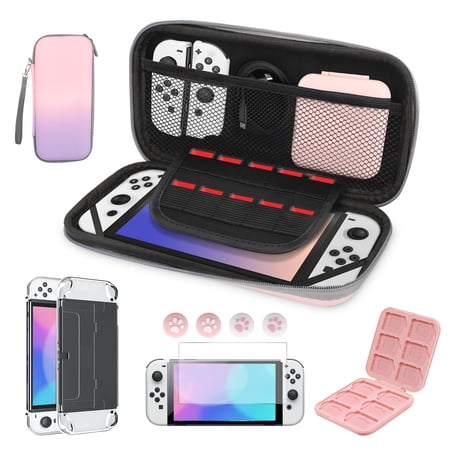 EEEkit Carrying Case Fit for Nintendo Switch OLED Model 2021, 10-in-1 Accessories Bundle Kit with Portable Hard Shell Travel Bag, Clear Protective Cover Case, HD Screen Protector, Thumbstick Caps