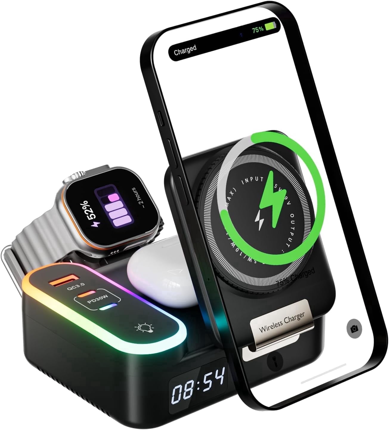 8-in-1 Wireless Charging Station,15W Magnetic Foldable Charger,65W Fast Charging Stand,Retractable Cable,LED Clock,USB-C/A Ports,Multi-Device Charging for i Phone,i Watch,Air pods,Mag Safe Compatible
