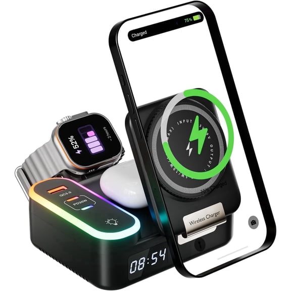 8-in-1 Wireless Charging Station,15W Magnetic Foldable Charger,65W Fast Charging Stand,Retractable Cable,LED Clock,USB-C/A Ports,Multi-Device Charging for i Phone,i Watch,Air pods,Mag Safe Compatible
