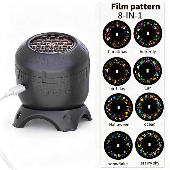 8-in-1 Christmas Projection Night Light, USB Ceiling and Wall Projector Lamp with 8 Replaceable Film Patterns, 360 ° Rotating Indoor Decorative Light for Bedroo