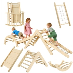 8-in-1 Collapsible Child-Centered Climbing Triangle Set for Toddlers – Wooden Indoor Jungle Gym – Includes Arch, Ramp & Ladder – Promotes Gross Motor Skills