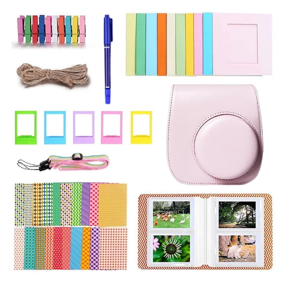 8-in-1 Cute Camera Accessories Kit for Fujifilm Instax Mini 12, PU Camera Bag with Album Frames Stickers Gift Set (Pink)