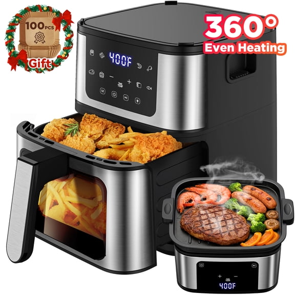 8-in-1 Digital Air Fryer Oven with Grill Pan & 100 Air Fryer Liners, 7.5Qt Large Capacity Air Fryer for Family Meals, LED Touch Screen, 8 Presets, 95% Less Oil, Healthy Cooking for Frozen Food