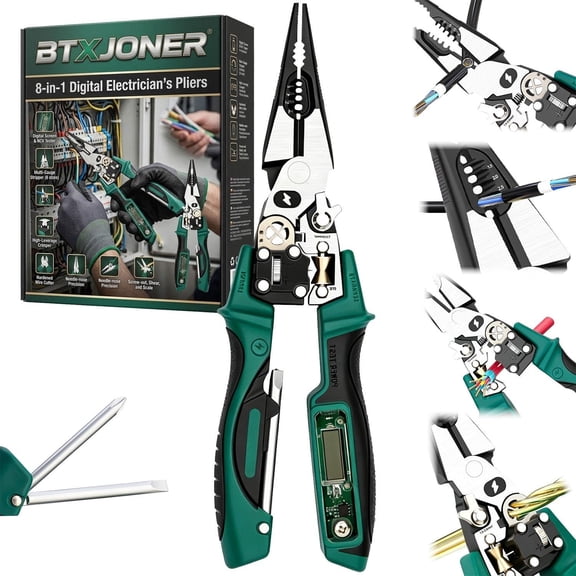 8-in-1 Digital Electrician's Pliers – Strip, Cut, Crimp & Test Voltage Multifunctional Wire Stripper Twister with LED Voltage Tester for Home Repair, Professional Electrician Tool