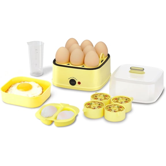 8-in-1 Electric Egg Cooker & Egg Bite Maker, Rapid Egg Steamer for Hard/Soft Boiled, Poached, Scrambled Eggs & Omelets, Auto Shut-Off, Dishwasher Safe, Compact for Kitchen & Office, Yellow