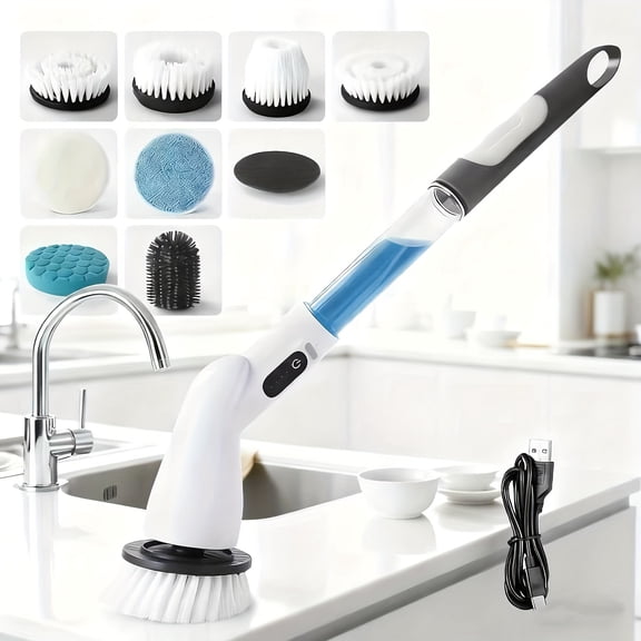 8-in-1 Electric Rotating Cleaning System, Multi-Surface Spin Scrubber with Wireless Brush Heads & Adjustable Detachable Handle, Ideal for Kitchen, Living Room & Bathroom Cleaning