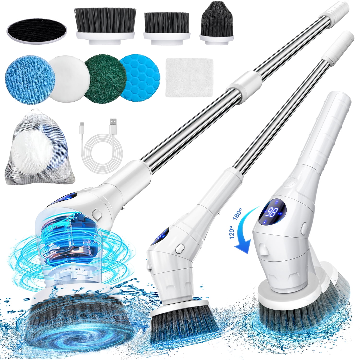 Electric Spin Scrubber with 3 Adjustable Speed and 7 Replaceable Brush Heads, Shower Scrubber with Night Light and LED Display