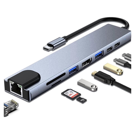 8-in-1 Ethernet USB C Hub, HDMI 4K SD/TF USB 3.0 USB C Hub Space Aluminum Adapter, MacBook PRO/Air M1 Adapter, iPad PRO Air Windows Chromecast Switch PS4