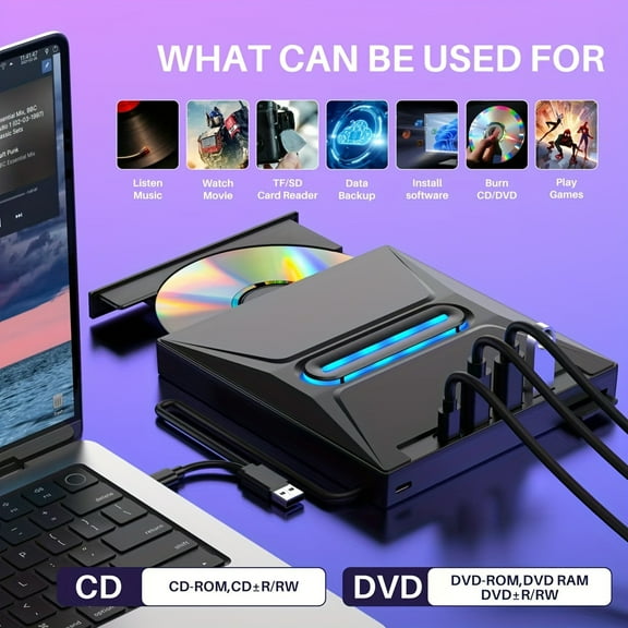 8-in-1 External CD/DVD Drive & USB Hub, Portable USB 3.0 Type-C, TF/SD Card Reader, Compatible with Windows, Linux, Laptop & Desktop