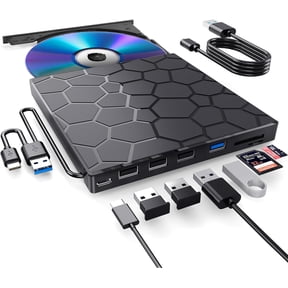 8-in-1 External DVD Drive, USB 3.0 Ultra-Slim Portable CD/DVD Player Burner, Hub & Card Reader for Laptop Mac Windows 11/10/8/7 Linux (1 Pack, Black)