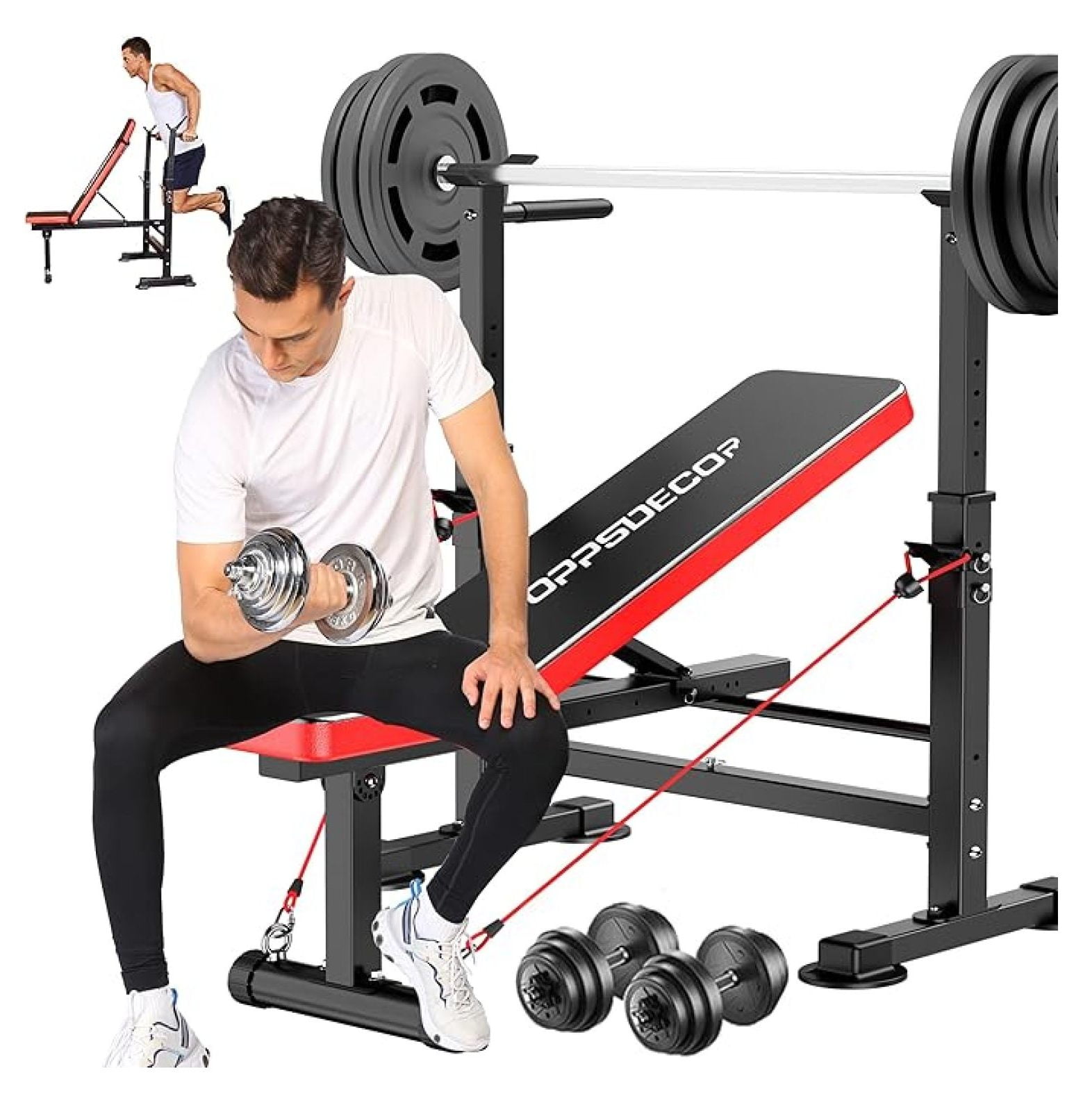 8-in-1 Foldable Weight Set with Squat Rack, Adjustable Press Home Gym ...