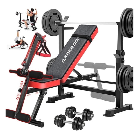 8-in-1 Foldable Weight Set with Squat Rack, Adjustable Press Home Gym System for Full-Body Workout, Flat Incline Decline Sit Up with Removable Foot Catch & Elastic Ropes