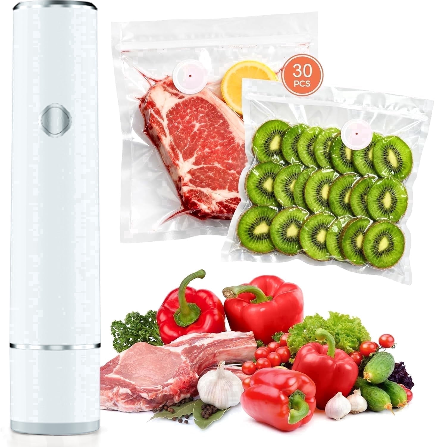 Handheld Vacuum Sealer for Food, Compact Portable Food Saver Pump with 30 BPA‑Free Reusable Vacuum Bags Type-C Rechargeable, Ideal for Sous Vide, Meal Prep, Leftovers & Freezer Storage