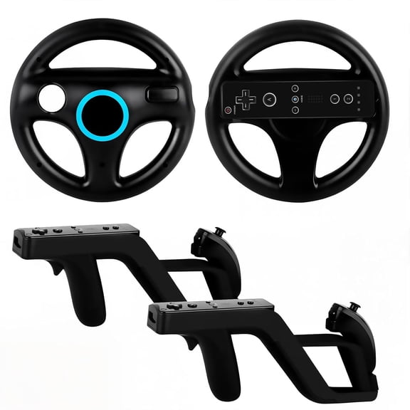 8-in-1 Game Controller Kit,2 Motion Sensor Remotes + Nunchucks, 2 Steering Wheels & 2 Shooting Guns,Black,for Wii & Wii U Game Consoles