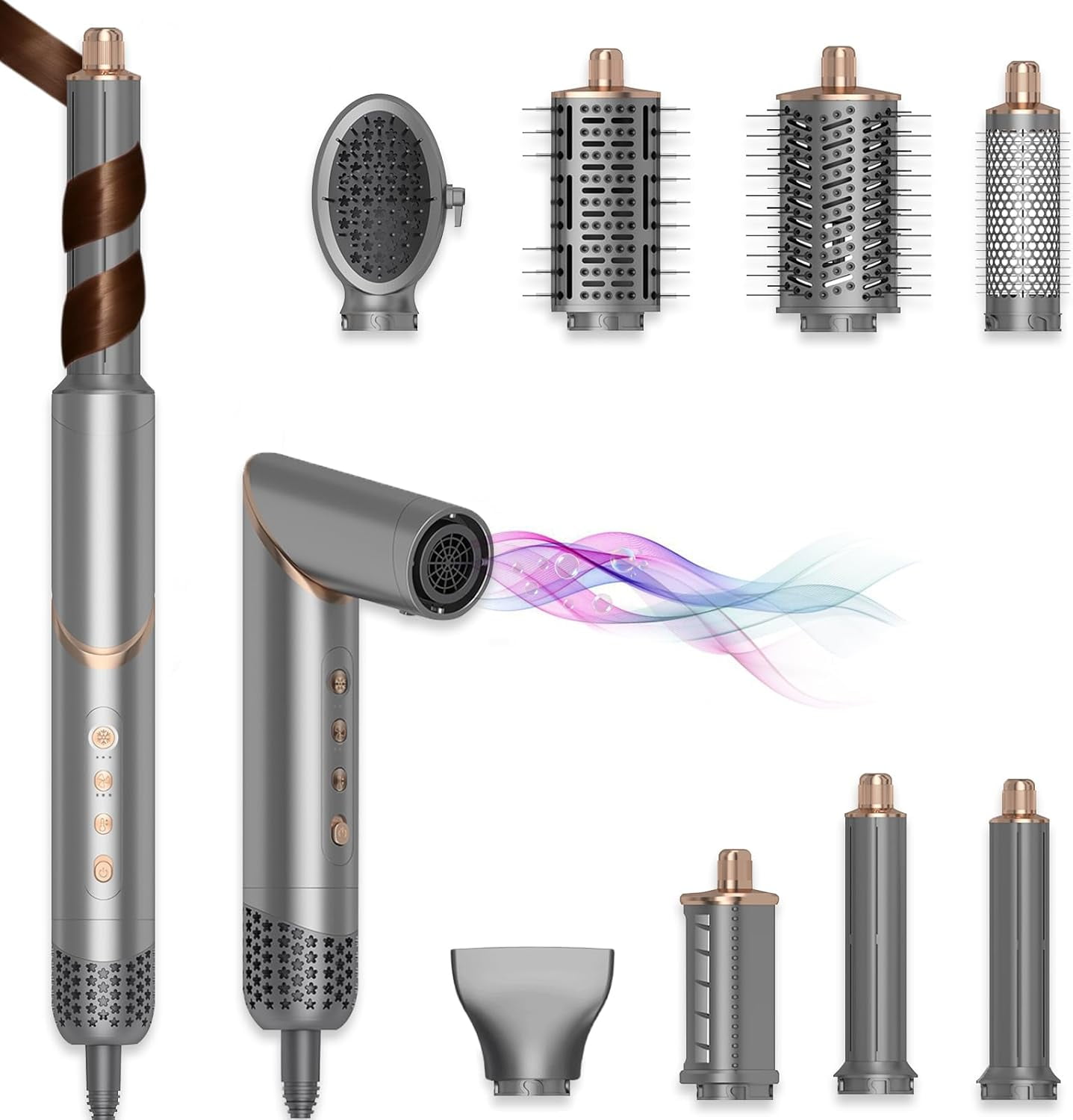 8-in-1 Hair Dryer Brush & Styler – High-Speed 110,000 RPM Negative Ionic Air Curler, Foldable Hot Air Hair Dryer with Multiple Attachments for Curling, Straightening & Volumizing