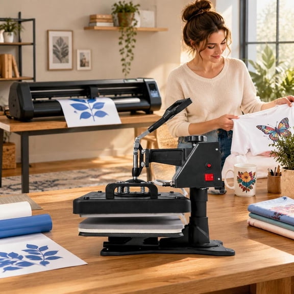8 in 1 Heat Press Machine 12X15 and 53 Inch Vinyl Cutter Plotter Combo 360 Degree Swing Away Digital Sublimation for T Shirts Hats Mugs Plates