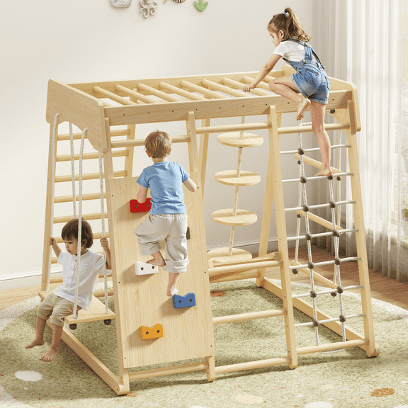 8-in-1 Indoor Jungle Gym for Toddlers, Large Wooden Climbing Playhouse with Slide, Swing & Climbing Net, Forest-Themed Montessori Playset for Kids