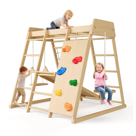 8-in-1 Indoor Playground Jungle Gym Kids Climbing Toys, Wooden Climber Playset with Slide, Swing, Monkey Bars & Climb Net, Natural Wooden Design, Perfect Birthday Toys for Kids