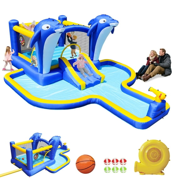 8 in 1 Inflatable Slide Water Park Trampoline Bouncing House - Dolphin Sprinkler Games