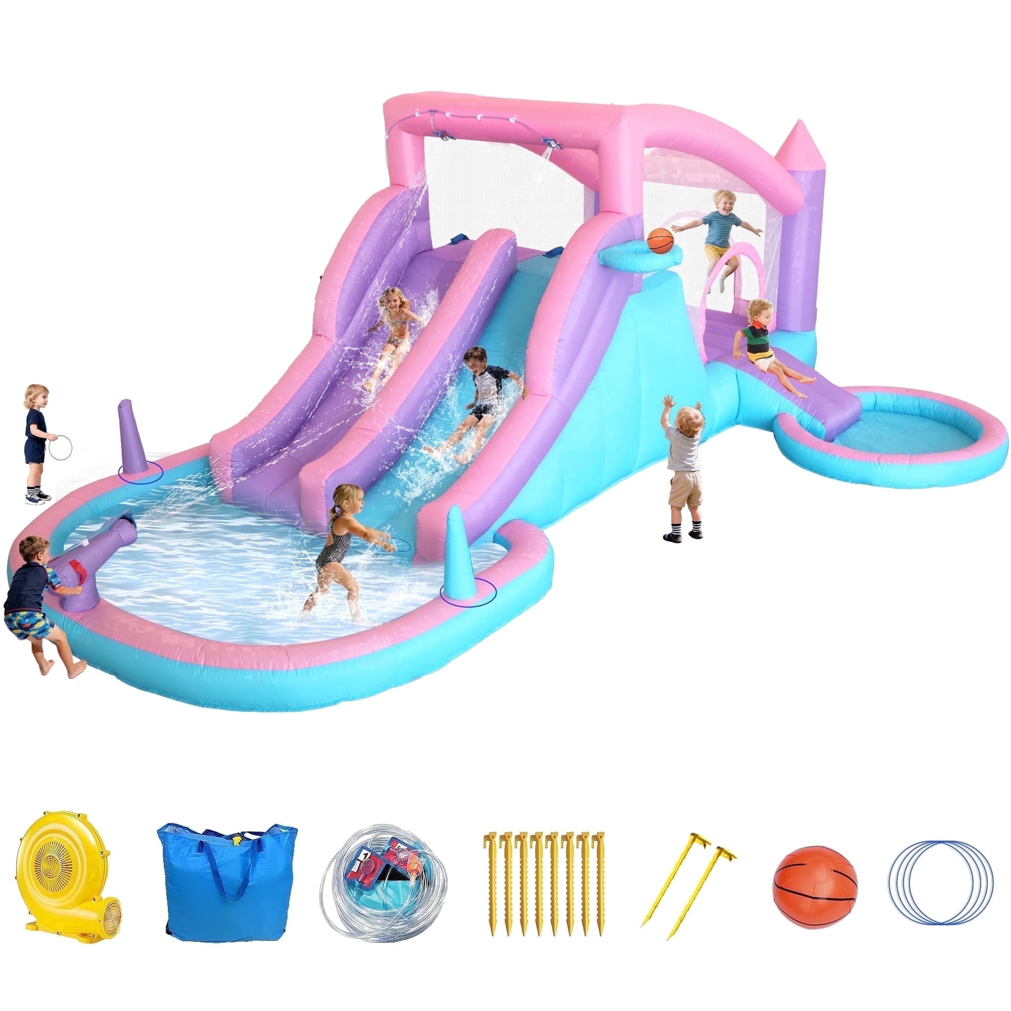 Anypool Inflatable Water Slide Bounce House 9-in-1 Backyard Water Park Double Racing Slides Splash Pool Ages 3-8