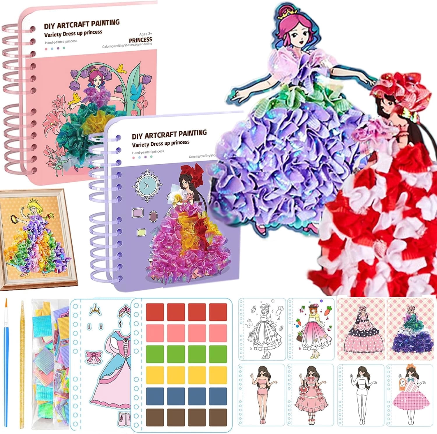 8-in-1 Magic Princess Craft Set, Princess Dress Poke Art Craft Kits for Girls, DIY Activity with Watercolor Painting & Stickers, Foil Crafts Art Fun & Gem Painting for Boys & Girls