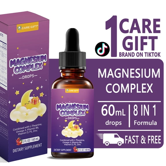 CARE GIFT 8-in-1 Magnesium Complex Liquid Drops Gentle Relaxation & Sleep Support Formula with L-Theanine, Omega-3, Vitamin D3, B6 & Zinc Natural Strawberry Flavor, 60ml (2 Fl Oz)