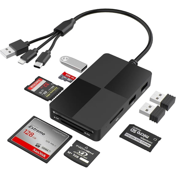8-in-1 Memory Card Reader with 3 USB Ports, Lightning/USB-C/USB-A Adapter for iPhone/Android/PC/Mac, Supports SD/TF/MS/CF/XD Card & OTG for Photo/Video Transfer