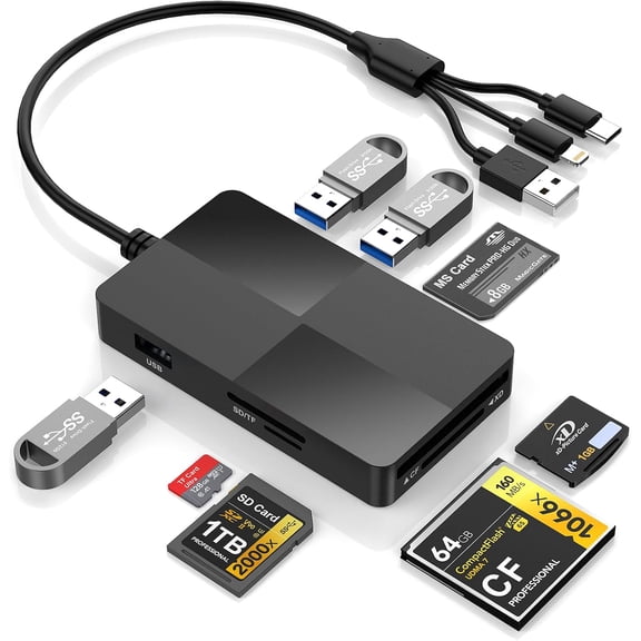 8-in-1 Memory Card Reader with Lightning USB-C USB-A Connectors, Memory Stick pro Duo Adapter Readers for SD/TF/MS/CF/XD Cards with 3 USB 2.0 Ports XD Picture Card Reader for iPhone/iPad/Android/PC