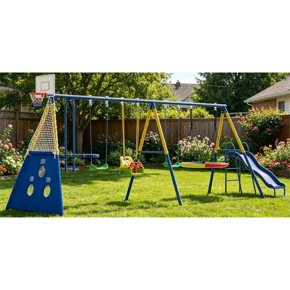 8-in-1 Metal Swing Set for Backyard, Kids Outdoor Playground Playset with Slide, Saucer & Single Belt Swings, Basketball Hoop + Soccer Goal, Heavy Duty A-Frame for Ages 3–10