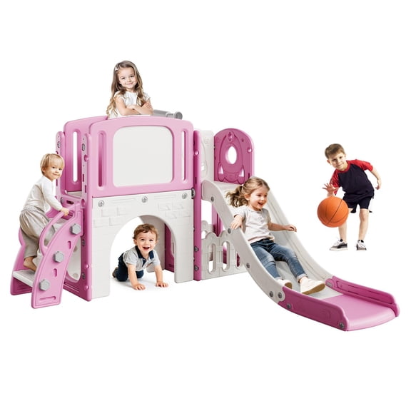 8-in-1 Multi-Functional Toddler Play Tunnel Set – Slide, Climber, Crawl Tunnel, Basketball Hoop, Telescope, Drawing Board & Storage – Indoor Outdoor Activity Center for Kids Ages 1-5 – Pink