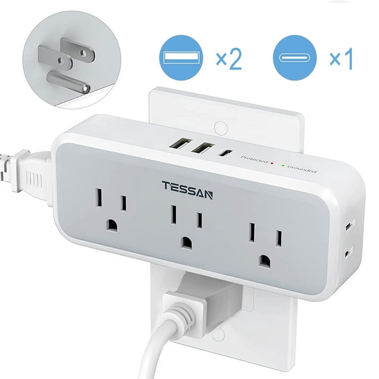 TESSAN USB Plug Adapter Multi Outlets with 3 Way Sockets 3 USB