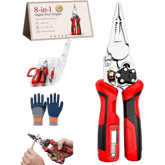 8-in-1 Multi-functional Digital Wire Stripper Machine, Electrical Pliers Tool with Voltage Tester, Cable Cutter, Crimping and Twisting Functions for Electrician Repair and DIY Wiring Work