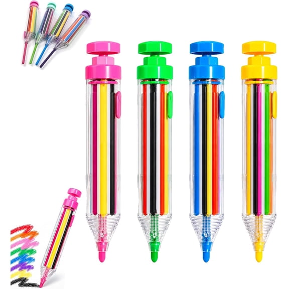 8-in-1 Multicolor Crayon, Compact Creative Pen, 4 Pack Push-Select 8-Color Crayon Pens, 8 Pencil Crayons in One Pen for Drawing, Coloring, Doodling, Scrapbooking & Art Projects