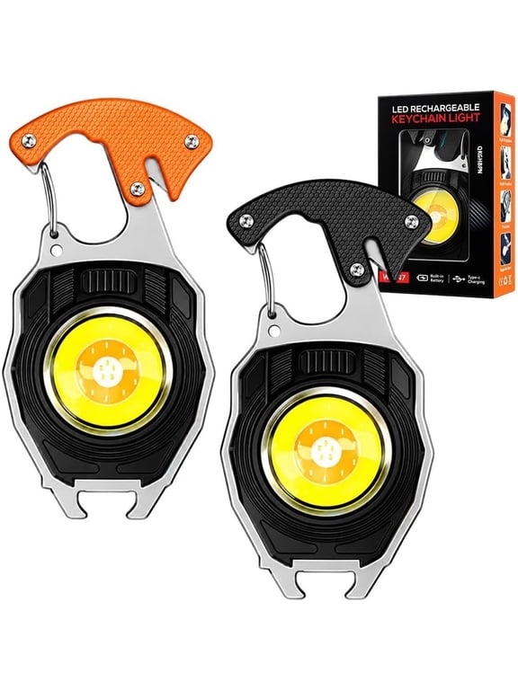 8-in-1 Multifunctional Keychain Flashlight 2-Pack, Rechargeable EDC Pocket Tool, Portable Clip-On Camping Light (Orange,Black)